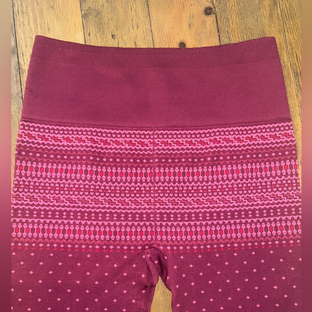 Fabletics High-Waisted Seamless Pink and Maroon Fair Isle Leggings - Picture 6 of 11